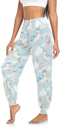 CHIFIGNO Haremshose für Damen, sportliche Jogginghose, lockere Freizeithose, Süße Einhörner Heißluftballon-1, X-Groß