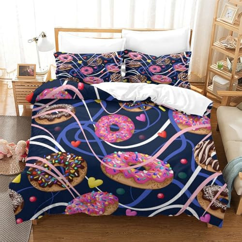 GDEKCIEAS Ciambelle deliziose 3D Stampa Digitale Copripiumino Set Copripiumino 3 Pezzi Con Cerniera E Federe Microfibra Morbido Set Di Biancheria Da Letto Per Bambini Super King（260x220cm）