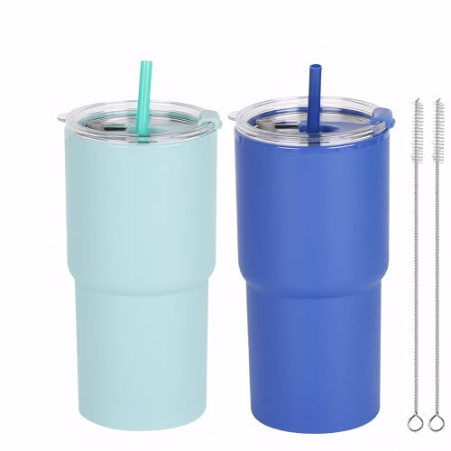 Yisituo Coffee Travel Mug, 2 Pack 480ml Reusable Plastic Cups, Drink Cups with Lids and Straws, Insulated for Hot & Cold Drinks, Car Cup Holder Compatible (2, Light Green, Dark Blue)