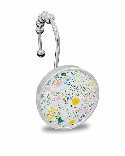 Shower Curtain Hooks Set of 12, Spring Abstract Flower Plant Printing Crystal Glass Showers Curtains Rings, Bathroom Decorative Rod Stainless Steel Rust Proof Roller Hangers Hook