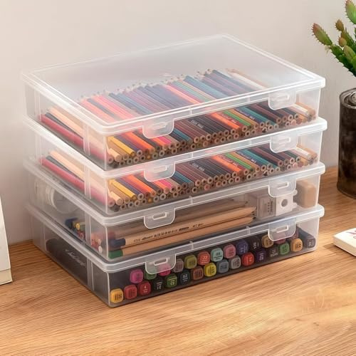 MHwan Cajas Almacenaje Plastico, 4 Piezas Cajas de Plastico con Tapa Apilables, Resistentes y Duraderas, Sin BPA, para Material de Oficina, Manualidades, Piezas, Fotos (31 x 22 x 5 cm)