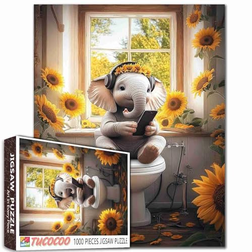 Éléphant sur les toilettes écoutant de la musique - Puzzle de 1 000 pièces - Décoration rustique - 68,6 x 50,8 cm - Jeux d'activités familiales - Colorés - Puzzle artisanal pour décoration d'intérieur