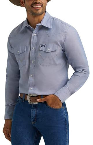 Wrangler Camicia da Lavoro a Maniche Lunghe da Uomo in Chambray Western Taglio Cowboy, Chambray Chiaro, XL
