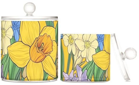 Yoogain Lot de 2 boîtes de rangement en plastique transparent avec couvercle pour cotons-tiges, cotons-tiges, cure-dents, trombones, fleurs printanières, jacinthes de jonquille, jaune