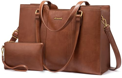 LOVEVOOK 15.6 inch Laptop Bag for Women - Waterproof Work Bag for Women & Vintage Laptop tote Bag with Wristlet, Brown