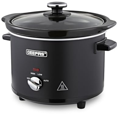 Geepas 2.5 Litre Slow Cooker | 3 Temperature Settings, Removable Easy-Clean Ceramic Bowl | Tempered Glass Lid & Cool Touch Handles, Matt Design Black (Renewed)