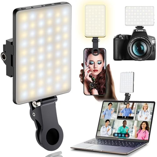 Lighting with Clip & Camera Tripod Adapter Rechargeable 2000mAh CRI 97+, 3 Light Modes for Phone iPhone Webcam Laptop Photo Makeup (Black)