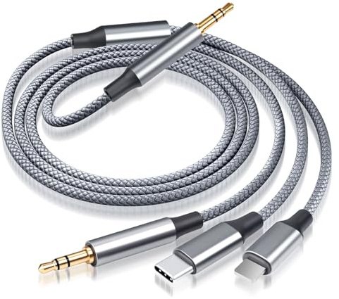 Aux Kabel USB C - 3-in-1 Nylon Klinkenkabel, 3.5mm Jack, USB-C auf 3.5mm, Lightnning auf 3.5 mm Aux Kabel für Auto, Kopfhörer, Lautsprecher, Smartphones, iPhone, Samsung, Huawei – 1 Meter