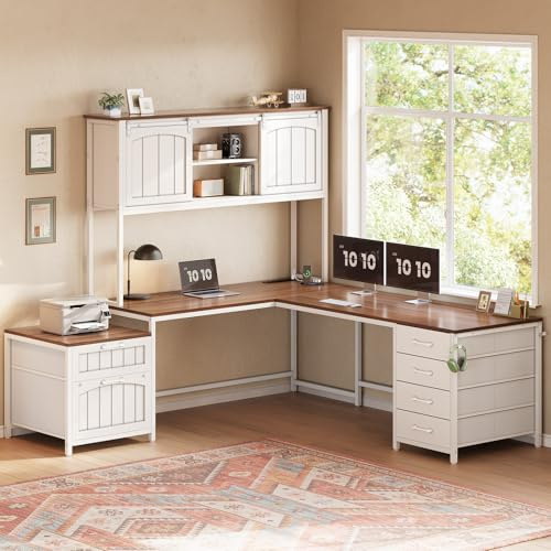 SEDETA Farmhouse L Shaped Office Desk with 6 Drawer, Reversible Computer Desk with Power Outlet, Hutch for Home Office/Two Person, Corner Desk with File Drawer & Printer Storage Shelves, White