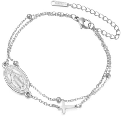 LIKGREAT Bracelet Chapelet Vierge Marie Bracelet Catholique Virgen de Guadalupe en Acier Inoxydable Bijou Religieux pour Baptême Femme (2-Argent)