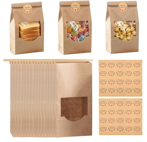 Zueyen Pack De 25 Bolsas De Papel Con Ventana, Papel Kraft MarróN, Bolsas Para Galletas Transparentes Con Fondo, Kraft, Para SáNdwiches PequeñOs, Regalo
