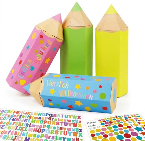 COMOOKA Kleine Schultüte Mädchen Pastell - 12 Stück Mini Zuckertüten in Buntstift Form - Geschwister Schultüte Bastelset mit Buchstaben Sticker - Geschenkverpackung zur Einschulung (20x7.5cm)