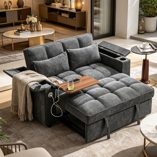 luckdect Canapé d'angle Convertible,3-en-1 Canapé 2 Places avec Méridienne et Coussins,Porte-Gobelets,Dossier Réglable,Port USB et Type-C,Table Cachée,pour Salon,Chambres à Coucher,Petit Appartement