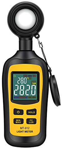 URCERI Handheld Digital Light Meter Ambient Temperature Measurer with Range up to 200,000 Lux with 4 Digit Color LCD Screen, Black and Yellow