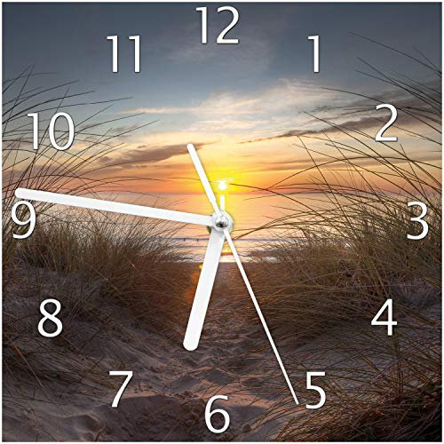 Wallario Design-Wanduhr Sonnenuntergang am Strand aus Glas, Motiv-Uhr Größe 20 x 20 cm, weiße Zeiger