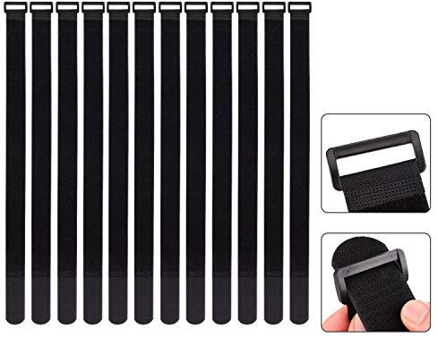 1.5 x 24 Inch Hook and Loop Cable Tie, 12 Pack Heavy Duty Adjustable Fastening Adhesive Cinch Strap with Plastic D-ring Buckle, Multi-Purpose Reusable Cord Organizer by Cacturism