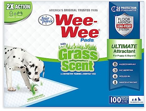 Four Paws Wee-Wee Ultimate Attractant Grass Scented Pee Pads for Dogs & Puppies, Leak-Proof Dog Housebreaking Instinctive Potty Training Floor Protection, 22 x 23, 100 Count