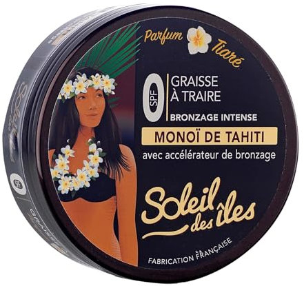 Soleil des Îles | Graisse à Traire au Monoï de Tahiti 100% Naturel avec Accélérateur de Bronzage - Sans Paraben, Résiste à l'Eau - Parfum Tiaré - Fabriqué en France