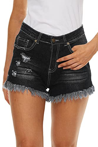 HVEPUO Kurz Schwarze Paperbag Luftige Hosen Damen Sexy Sommer Sachen Skinny Ripped Mum Jeans Stretch Quasten Hot Pants Teenager Mädchen Schwarze M