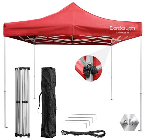 Gazebo Pieghevole da Giardino 3x3m, Alluminio, Leggero, Impermeabile, Resistente ai Raggi UV, Chiusura a Fisarmonica, Altezza regolabile, Picchetti + Sacca Trasporto + Corde Incluse, Colore Rosso