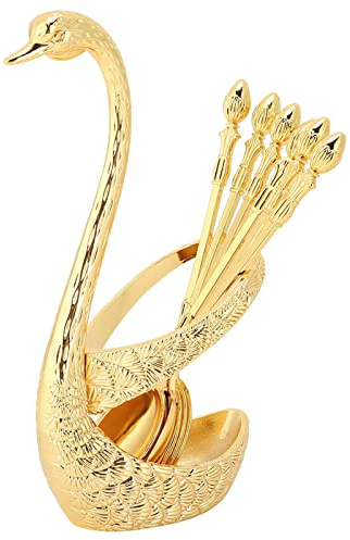 Schwan Kaffeelöffel Gold, 6 Stück Edelstahl Kaffee Dessert Löffel Set Kreativer Schwanenbodenhalter Espressolöffel Ständer Teelöffel Dessertlöffel Vintage Schwanenboden Besteck Rühren Eislöffel