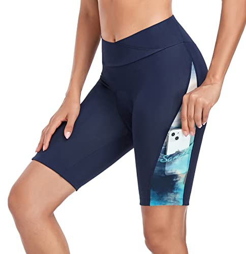 Santic Short de Cyclisme pour Femme - Rembourré - avec Rembourrage de l'assise - Poche latérale - Séchage Rapide - Élastique - Résistant aux Chocs - avec Rembourrage 4D, Bleu, S