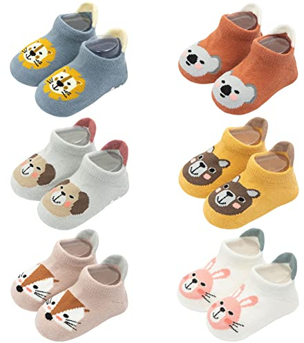 FedMois 6er Pack Baby Kleinkinder ABS rutschfeste Socken Sneaker Socken Tiermotive Baumwolle, Mehrfarbig, 1-3 Jahre