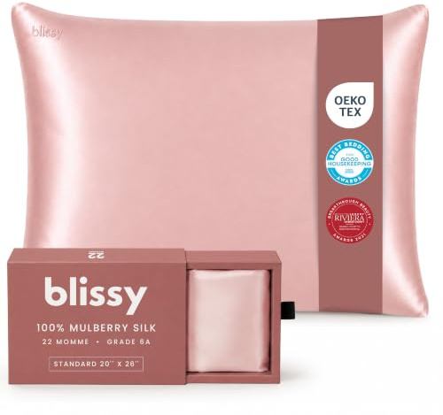 Blissy Silk Pillowcase - 100% Pure Mulberry Silk - 22 Momme 6A High-Grade Fibers - Silk Pillow Cover for Hair & Skin - Regular, Queen & King (Pink, Standard)