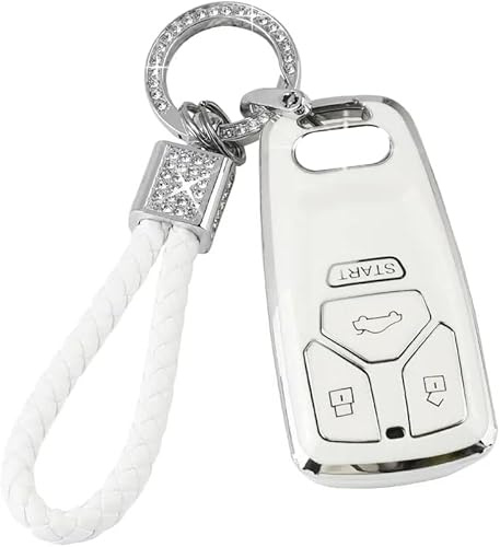 PIFOOG TPU Key Fob Cover with Bling Key Chain Keyless Entry Keys Button Protection Cases White Silver, White and Silver, For Audi-B