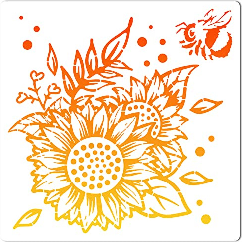 GORGECRAFT 11.8x11.8 Sunflower Painting Stencils Hollow Out Bee Drawing Templates Reusable Spring Garden Diy Drawing Plants Floral Templates for Painting on Wood Floor Furniture Bag Cabinet Wall