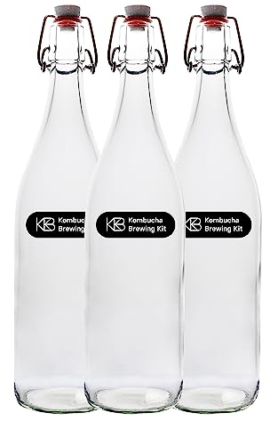 Bügelflasche 3er Set mit 1l Fassungsvermögen pro Flasche, ideal für Kombucha und fermentierte Getränke, robuste und hochwertige Bügelflasche mit festen Verschluss, schließt luftdicht ab