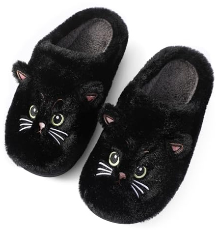 Puimentiua Simpatiche Pantofole Gatto Donna, Invernali Cartone Animato Comode Uomo Antiscivolo Mulo Pelliccia, Nero, 37/38