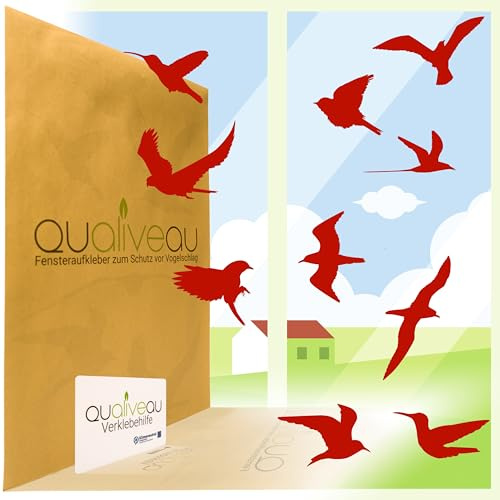 QUALIVEAU® 10-18cm große Aufkleber zum Schutz vor Vogelschlag, Komplett – Set mit Verklebehilfe, Farbe (Rot)