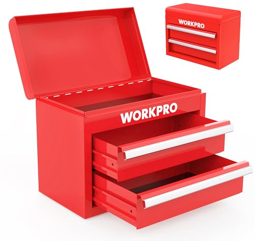 WORKPRO Mini Metal Tool Box with 2 Drawers and Top Storage, Small Tool Chest with PVC Liners and PP Feet Pads, Cold Rolled Steel Toolbox with Magnetic Tab