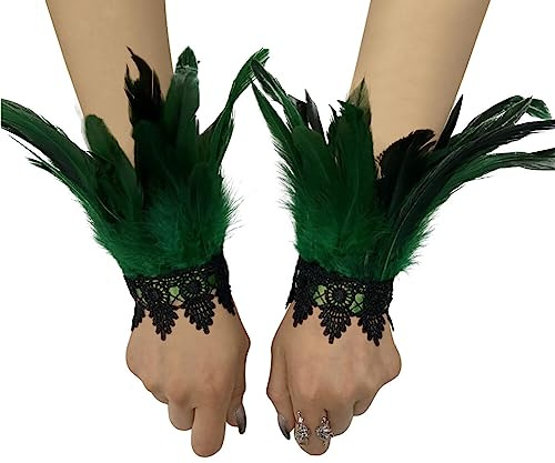 Asudaro Damen Kostüme Manschetten, Frauen Feder Handgelenk Manschetten Gothic Feder Manschette Spitze Fingerlose Vintage Feder Lange Handschuhe Armbänder Karneval Kostüm Accessoire Typ 10