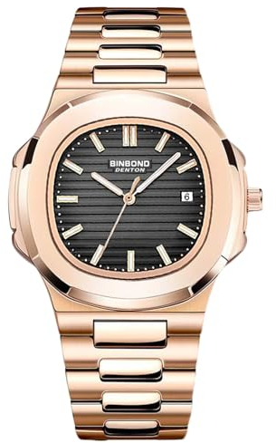 RORIOS Orologio da Polso Semplice da Uomo Orologio Quarzo Analogico Orologio Casual Impermeabile Orologio Cinturino Acciaio Inossidabile Nero Oro rosa A