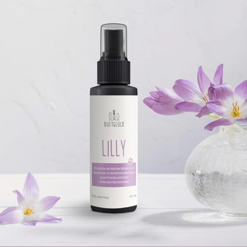 Duftglück Geruchsneutralisierer Lilly - Neutralisierungsspray Hunde und Katzen Gerüche I Katzenurin Geruchsentferner I Raumspray gegen Hundegeruch I Duft: Lavendel & Bergamotte I 60ml