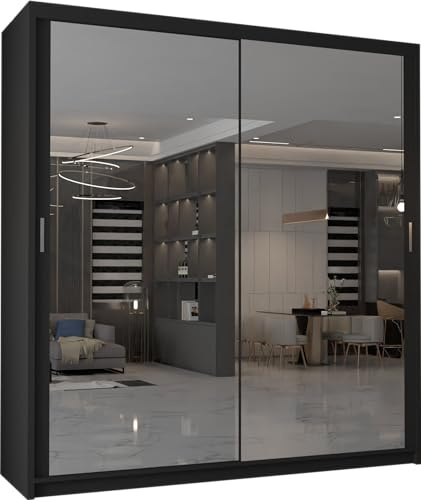 MN Furniture Edinburgh Sliding Door Wardrobe with Full-Length Mirror, Shelves & Hanging Rails, Bedroom Storage Cabinet (Black, 90cm)