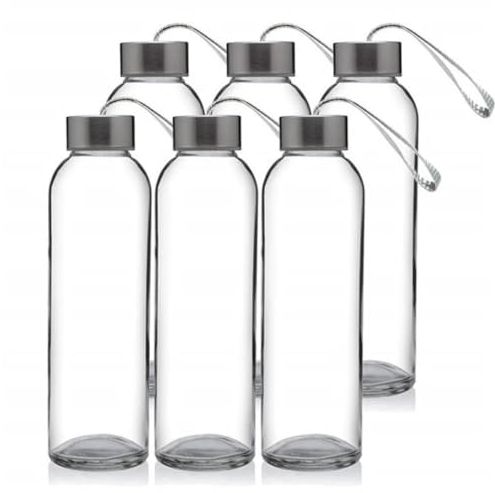 MEETOZ Botellas de agua de vidrio con tapas, paquete de 6 botellas reutilizables de 500 ml, tapas a prueba de fugas, recipiente de bebidas de jugo, para tarro de salsa, leche, jugo, trabajo, gimnasio