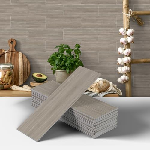AMOYUN Pegatinas de Baldosas Cocina, 12 Piezas Adhesivo de Pared Impermeable Azulejos Suelo Vinílico Autoadhesivo Adhesivo de Pared PVC Decorativos Adhesivos Imitación Madera para el Baño 10cm x 30cm