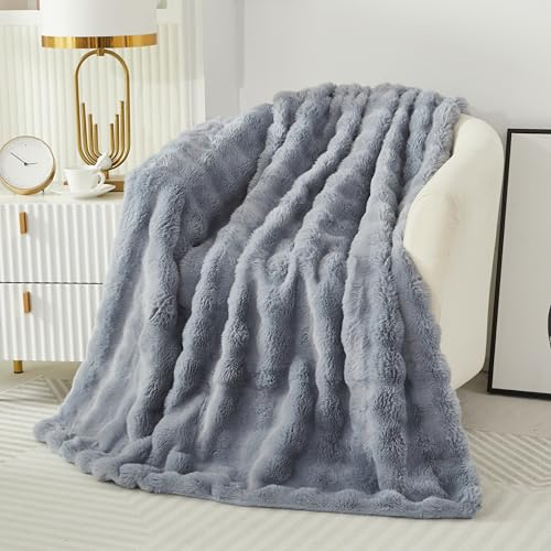 Kuscheldecke Kaninchen Plüsch Flauschige Decke Soft Wohndecke Dick 1000GSM Flanell Decke Couchdecke Warme Überwurfdecke Sofadecke Vielseitig Blanket Für Bett Sofa Schlafzimmer Büro Hellgrau 160x200cm