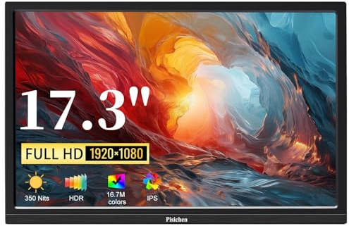Pisichen 17.3 Inch Portable Monitor, 1080P FHD IPS Computer Screen HDMI USBC Travel Portable Monitor for Laptop PC Xbox Switch Ras Pi, Built-in Speakers & Kickstand