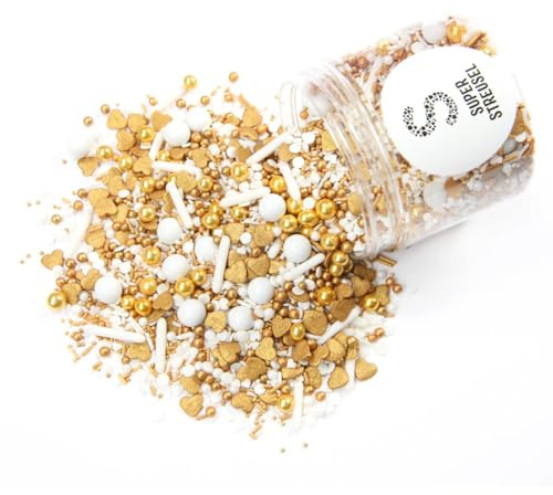 Super Streusel MitJeföhl - Streusel Weiß Gold Herzchen, Hochzeit | Elegante Herz Streuseldeko mit Zuckerperlen, Hochzeitstorte Tortendeko für Cupcakes, Taufe & Muffins