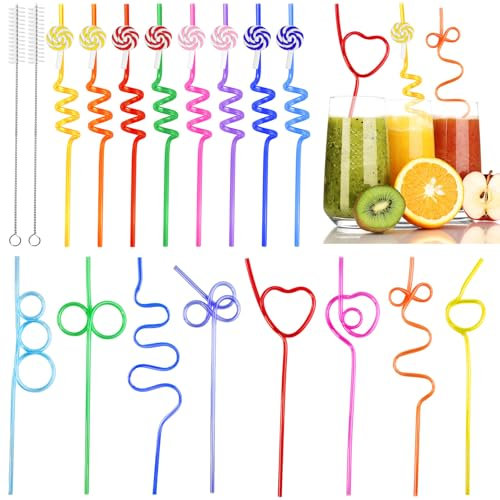 REJOECE 16Pz Cannucce Riutilizzabili Ricurve a Spirale Colorate di Cartoon, Cocktail da Festa, di Plastica per Spiaggia, Piscina, Feste, Campeggio