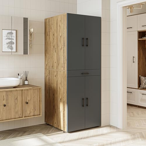 ROOMART Armario de lavadora Dora para secadora y lavadora, 4 colores, con puertas y tabla extensible (roble antracita)