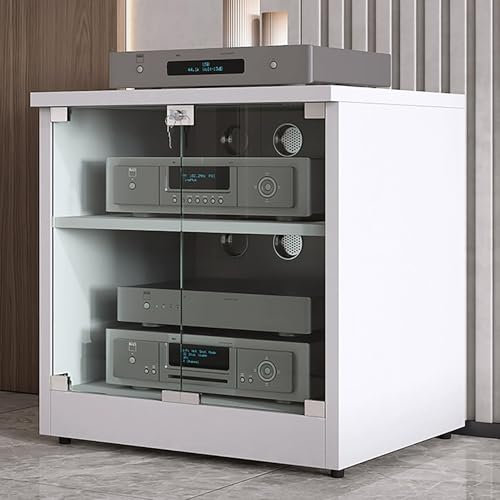 JIAOCKJIAO Stereoschrank, Audio Rack Hi Fi Regal mit Glastür, Hi Fi Rack mit Kabellöchern, AV Phonoschrank, Moderner TV-Ständer aus Holz, mit Verstellbaren Regalen(Wit,2 Tier 120x48x37CM)