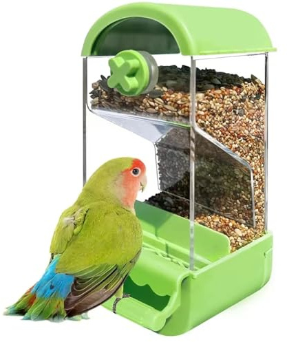 Automatic Bird Feeder,1PC No Mess Bird Feeder with Perch,Parrot Food Bowl Container Budgie Cage Accessories for Parakeets Canary Cockatiel Finch Lovebirds (Green)