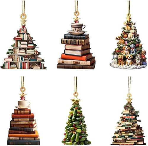 2D Flat Wooden Xmas Books Ornament, 6Pcs Christmas Tree Shape Bookshelf Pendants, 2024 Christmas Acrylic Decor for Tree Hanging, Stacked Book Ornament