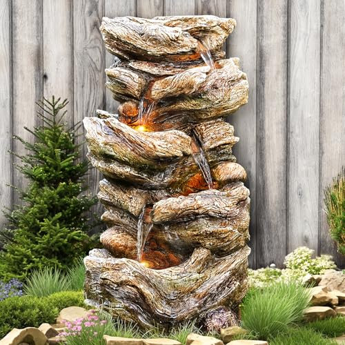 Jocoevol - Fuente de agua para exteriores de 32 pulgadas de alto y 5 niveles con luces LED, aspecto de madera natural, cascada de madera de imitación de resina para jardín, patio, decoración de patio,