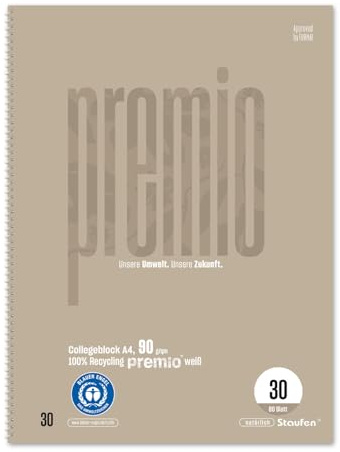 Staufen Premio Collegeblock - 5 Stück, 80 Blatt, DIN A4, blanko | Lineatur 30, 100% Recyclingpapier, zertifiziert mit dem Blauen Engel, abgerundete Ecken, 90 g/m² Papier